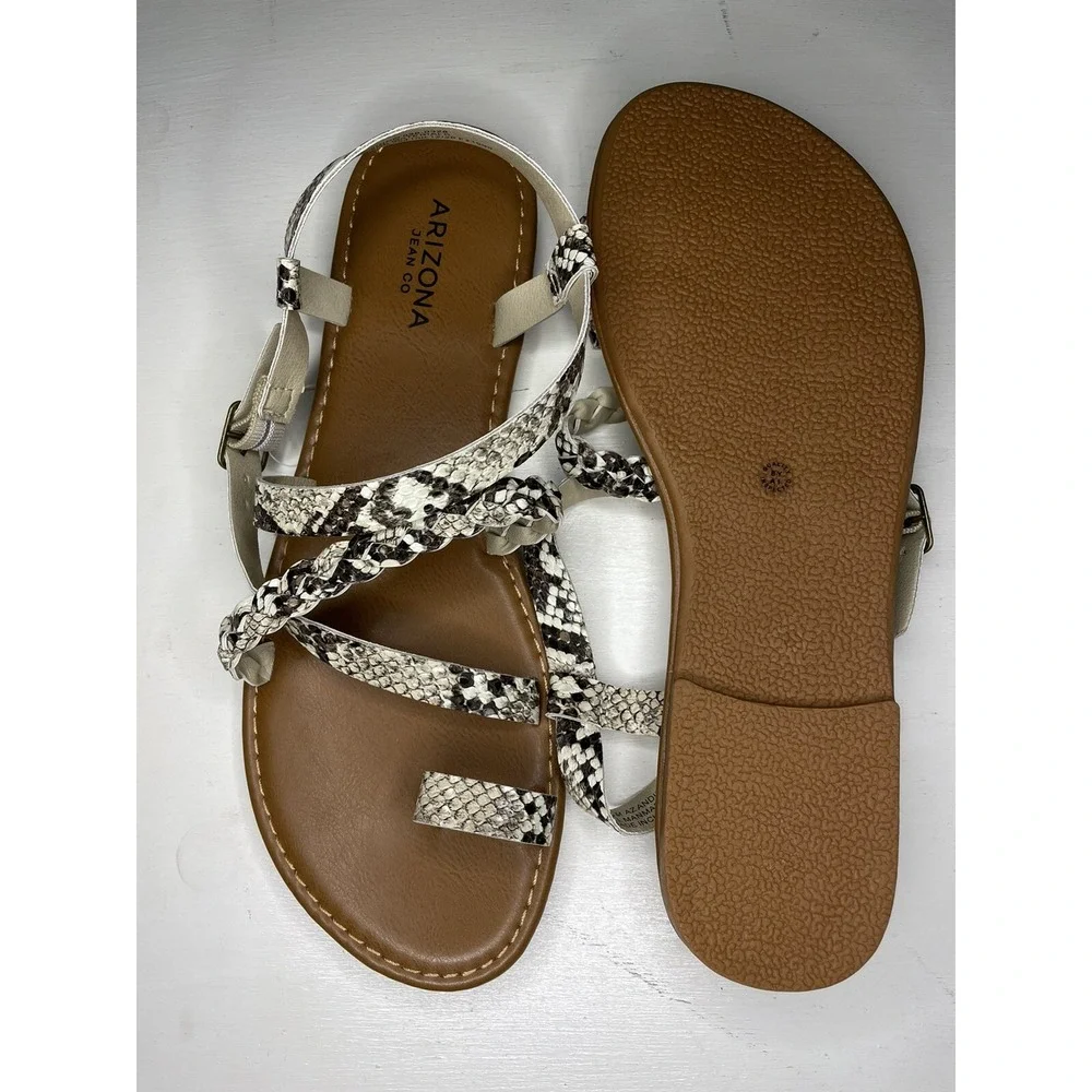 women's size 9.5M Arizona‎ black and white snakeskin toe loop sandals